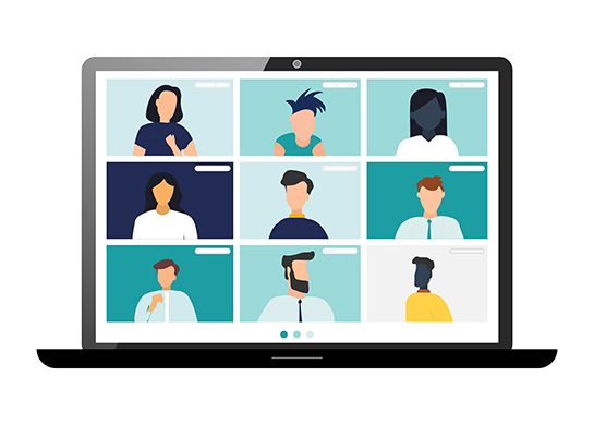 Virtual meeting occurring on laptop computer.