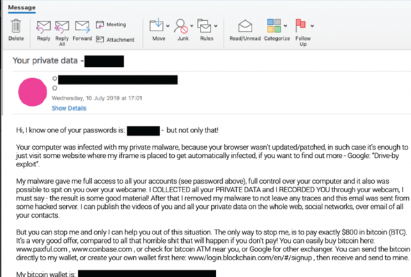 Example of a blackmail phishing email.