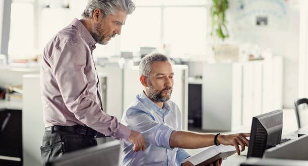 Male colleagues discussing over computer