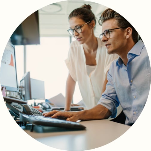 two business colleagues working in their office using a desktop computer.